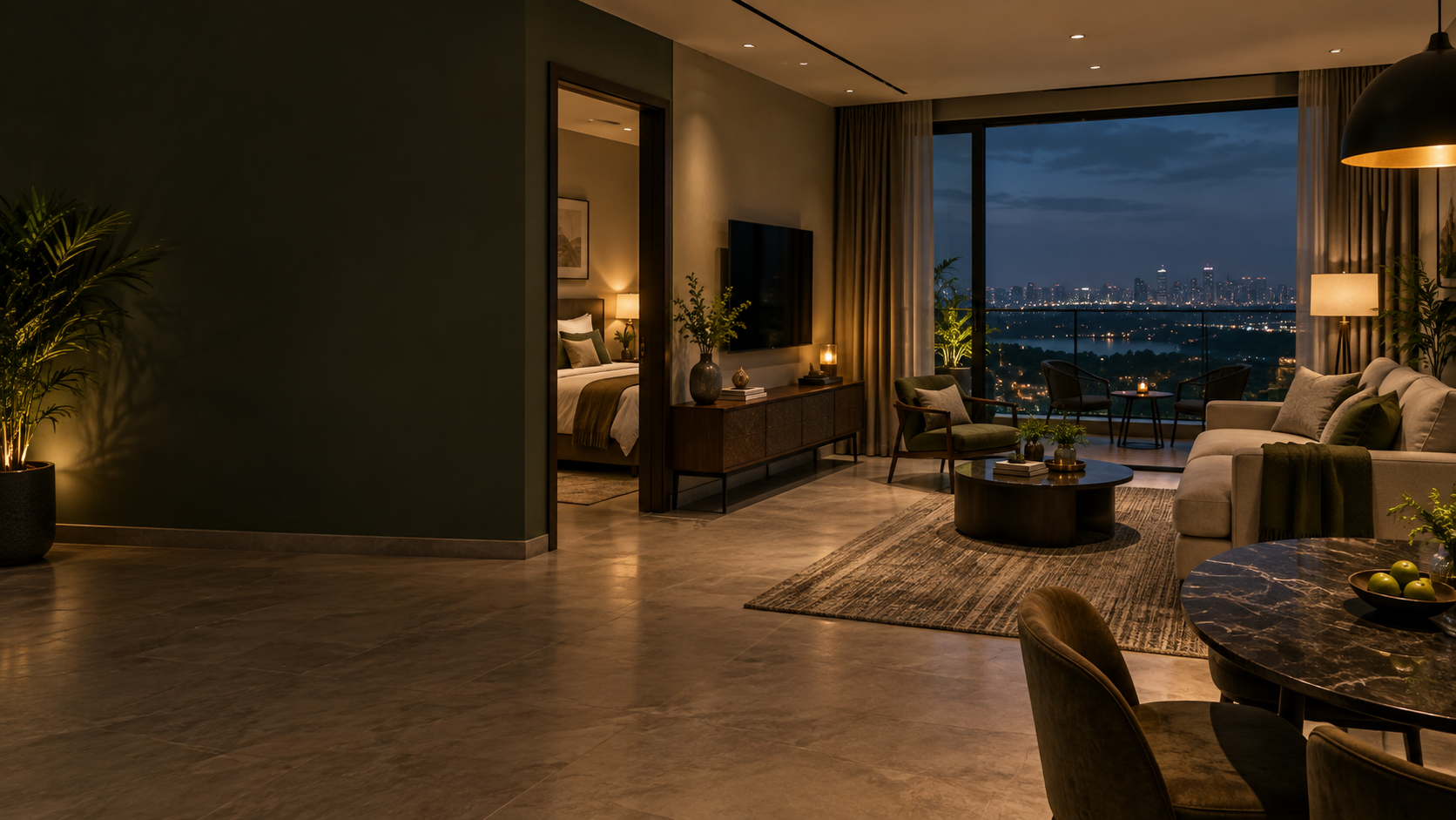 A guest-ready serviced apartment overlooking Hyderabad at dusk